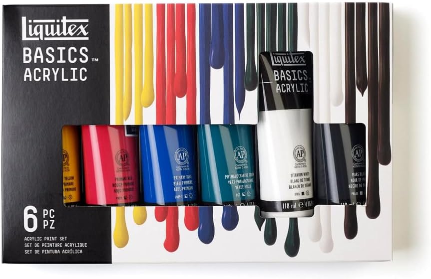 Liquitex BASICS six-piece acrylic paint box showing six 118 ml tubes through the package window