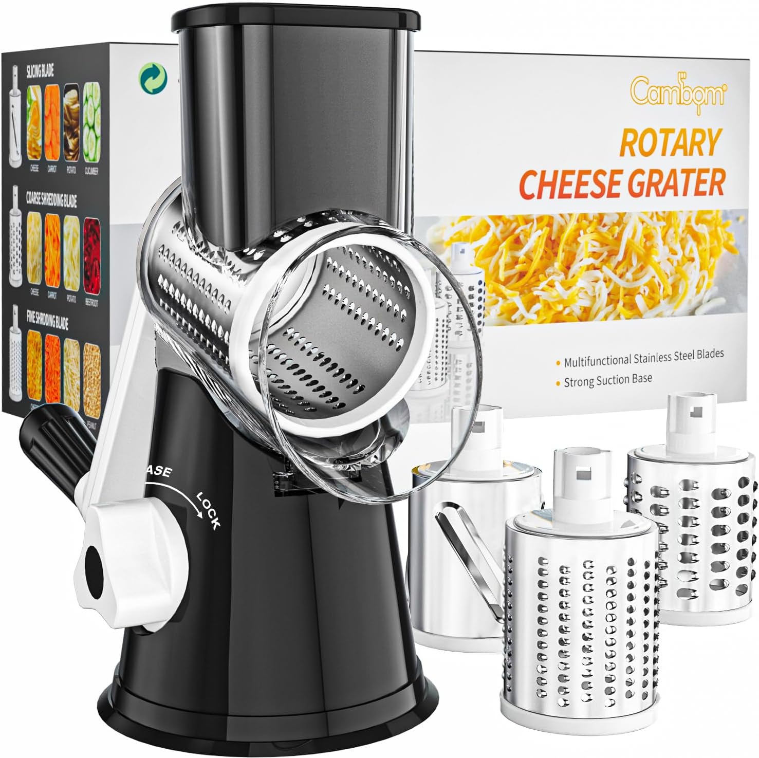 Black Cambom 315D rotary cheese grater with clear barrel, crank, pusher and three stainless-steel drums