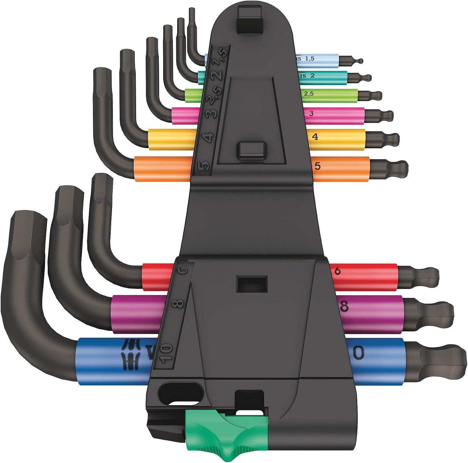 Rear view of the exact nine-key set showing individual sleeve colors and metric size markings.