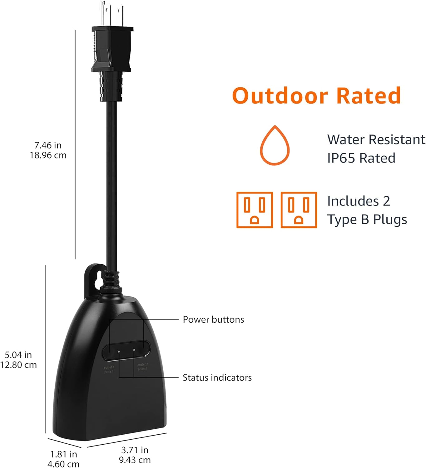 Amazon Basics outdoor smart plug diagram showing its cord, two outlets, power buttons, status indicators and IP65 marking