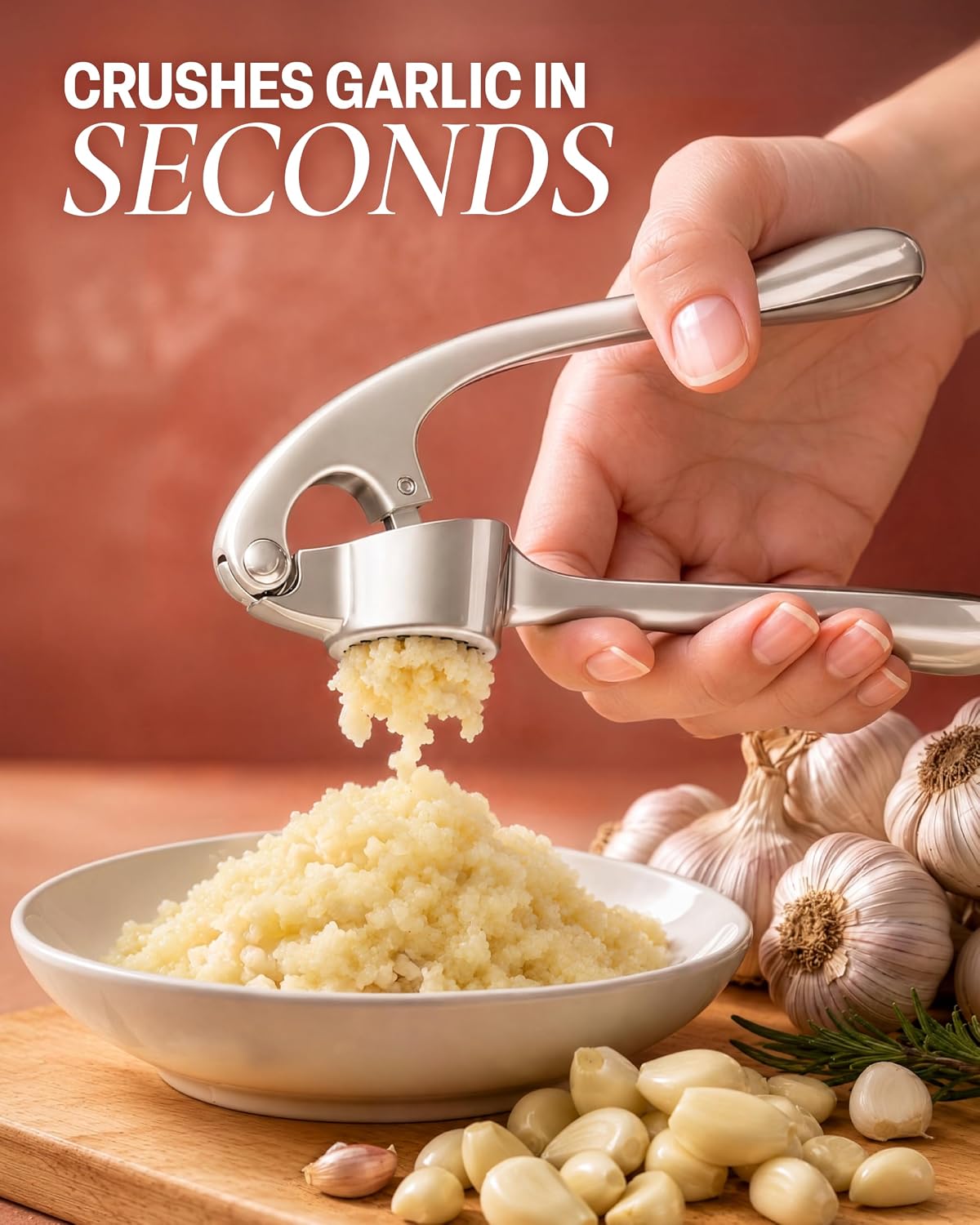 Silver Zulay garlic press being squeezed over a bowl with crushed garlic