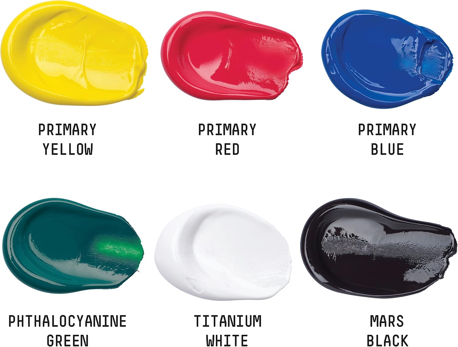 Supplier photograph of the six named paint colors: Primary Yellow, Primary Red, Primary Blue, Phthalocyanine Green, Titanium White and Mars Black