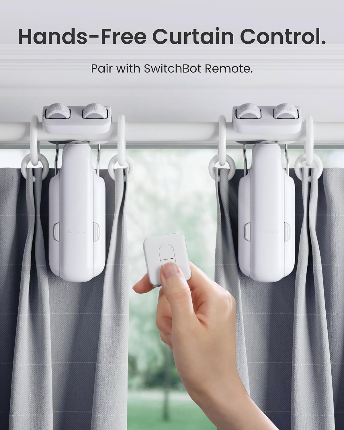 Two white SwitchBot Curtain 3 motors installed above center-opening curtain panels with an optional Remote shown