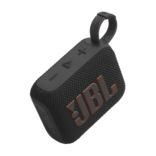 JBL Go 4 black detail view showing integrated loop, controls and compact body