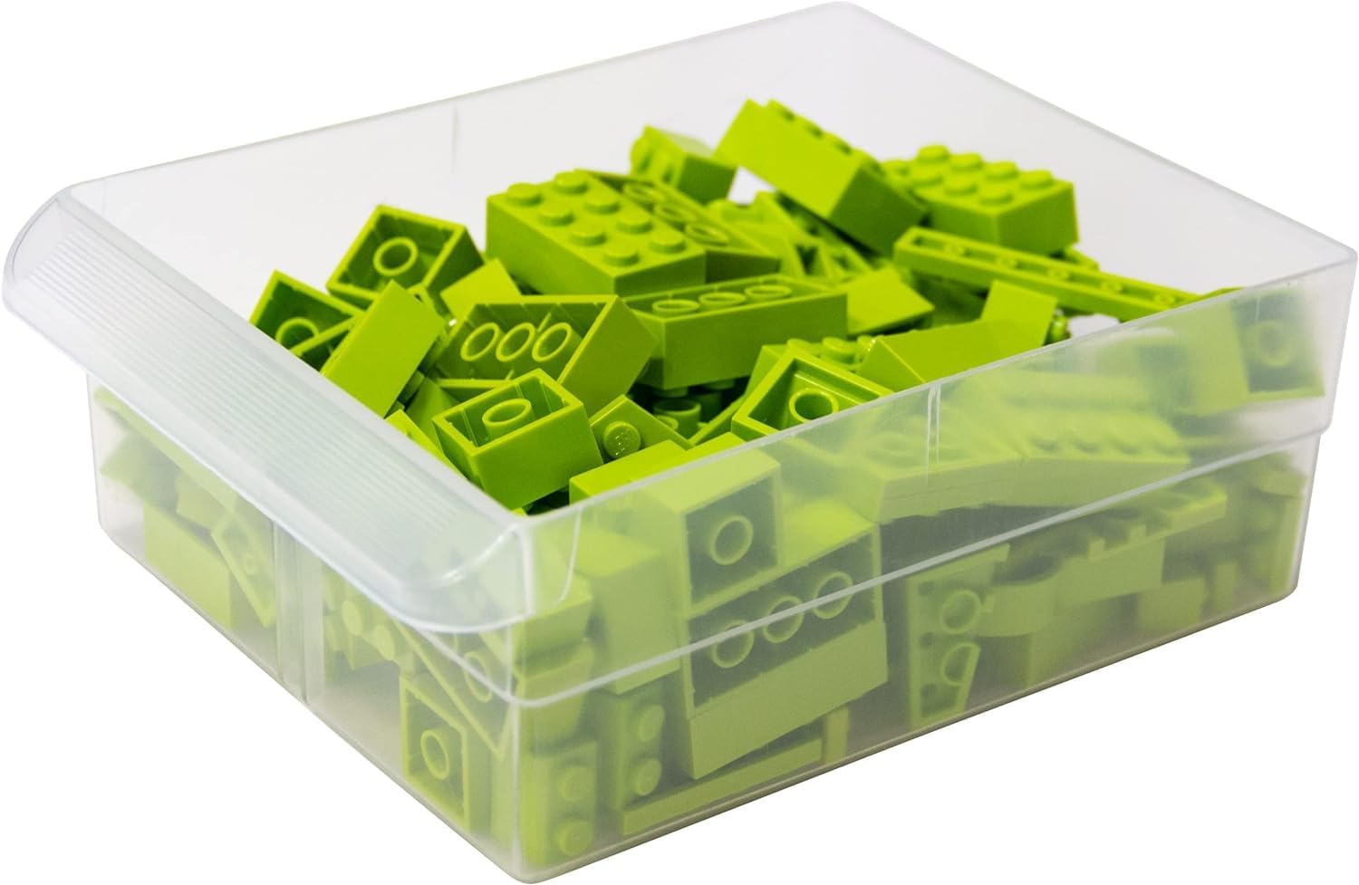 Translucent large Akro-Mils drawer with green toy building bricks and a ribbed front grip.