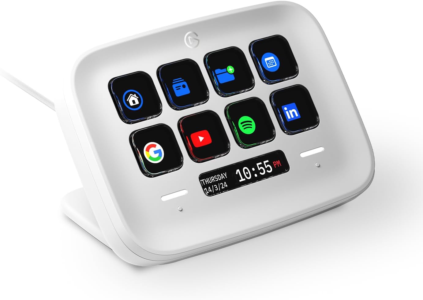 White Elgato Stream Deck Neo with eight LCD keys, Infobar and Touch Points