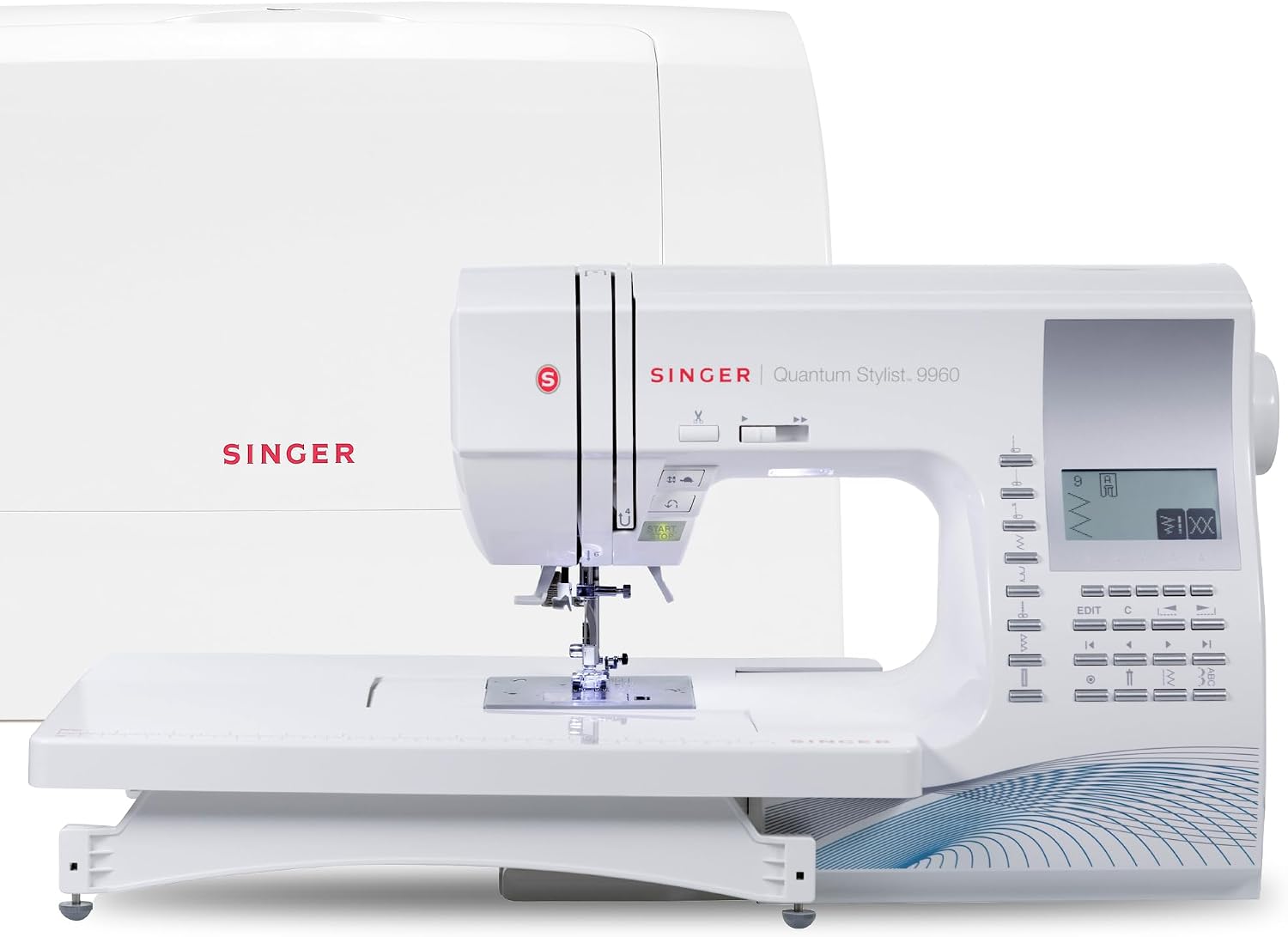 SINGER Quantum Stylist 9960 sewing machine with extension table and hard cover