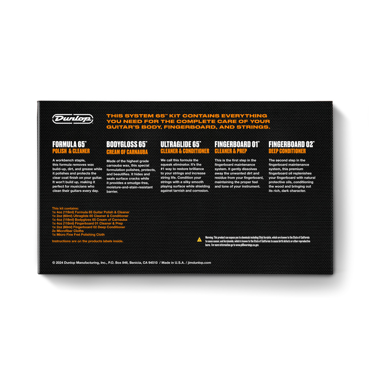 Back of Dunlop 6500 kit box explaining the five care-product roles and directing users to bottle labels