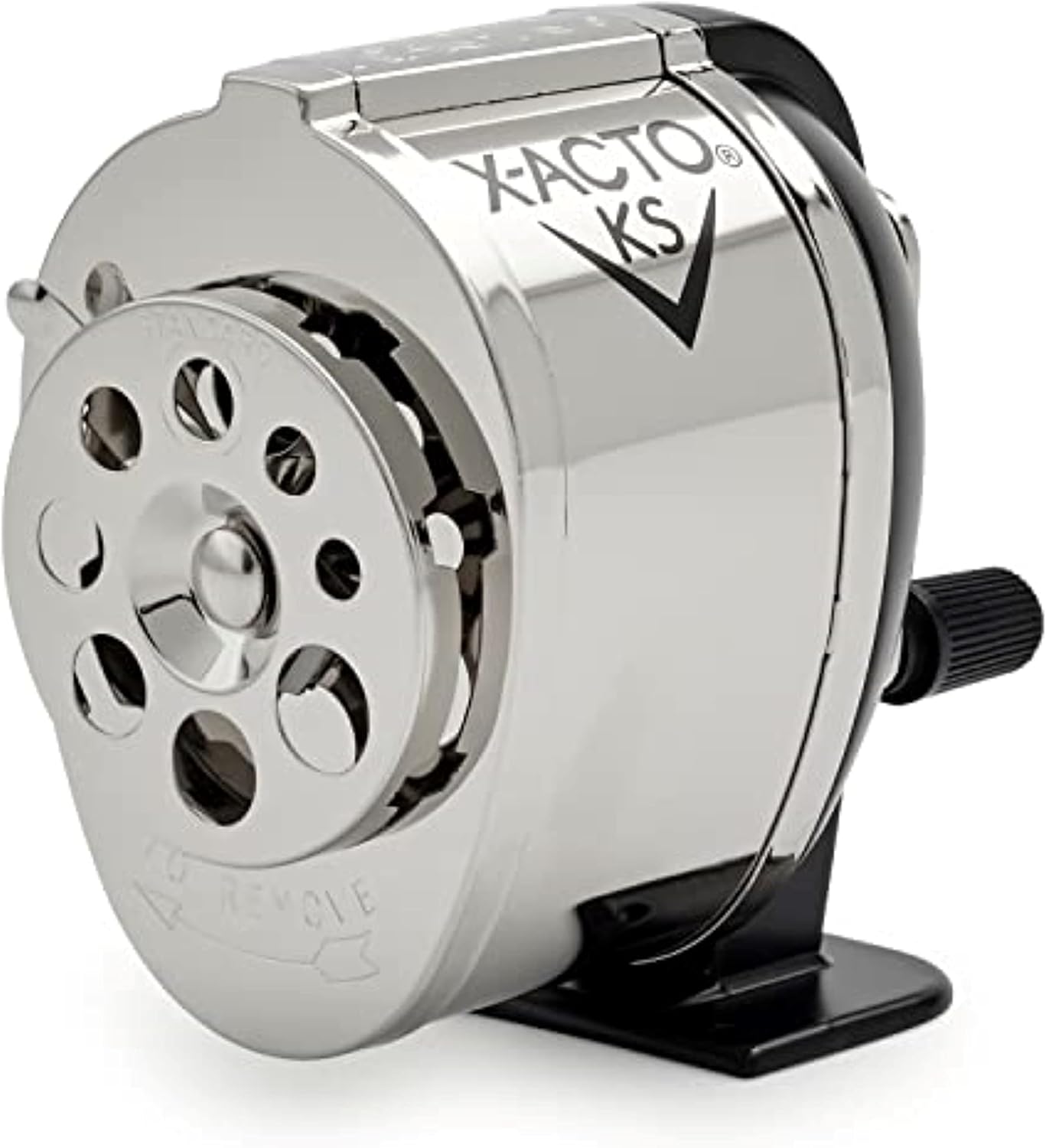 Silver-and-black X-ACTO KS manual pencil sharpener with a round multi-hole pencil guide, a side crank and a black mounting foot.