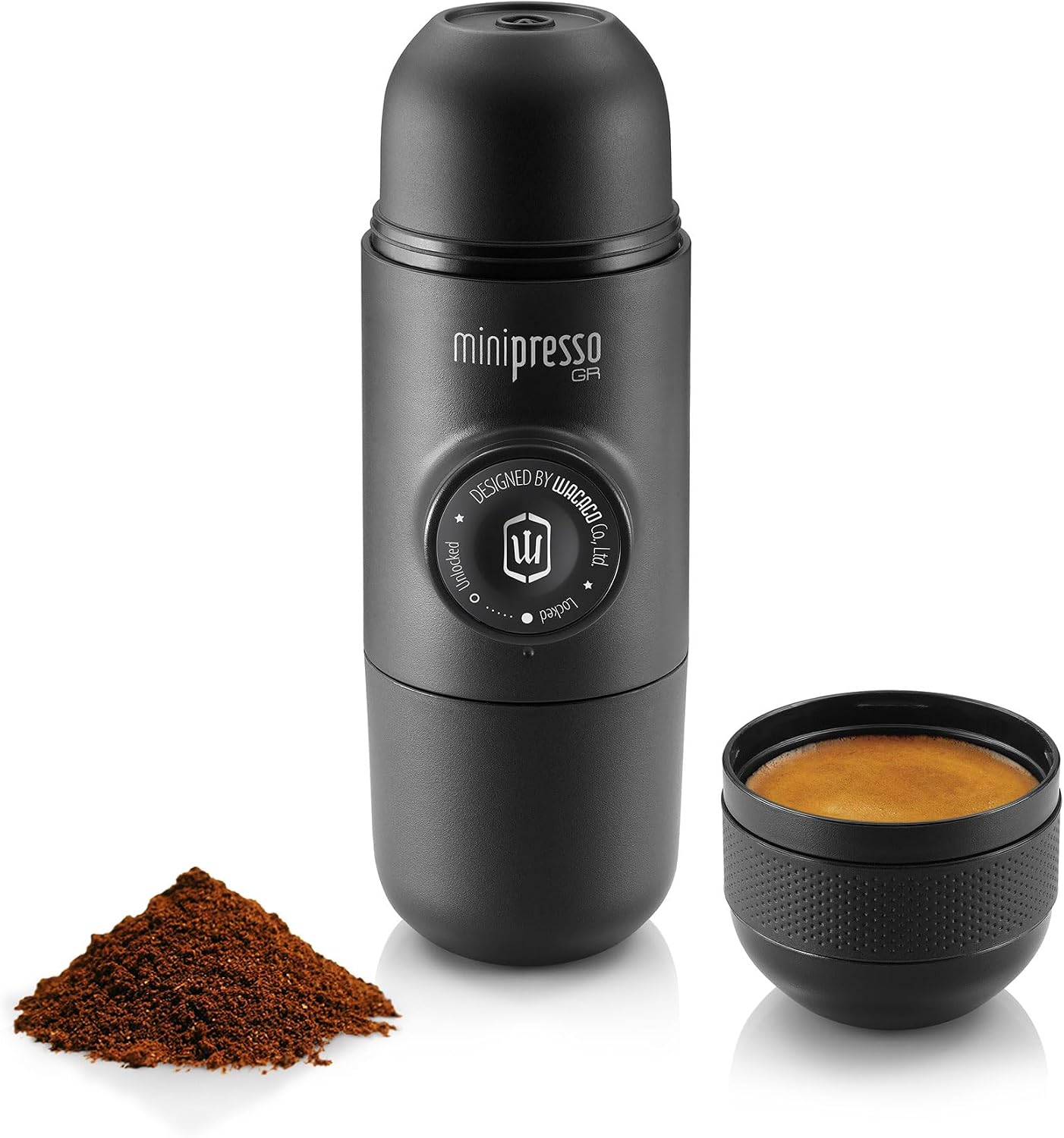 Black WACACO Minipresso GR manual coffee maker with integrated cup