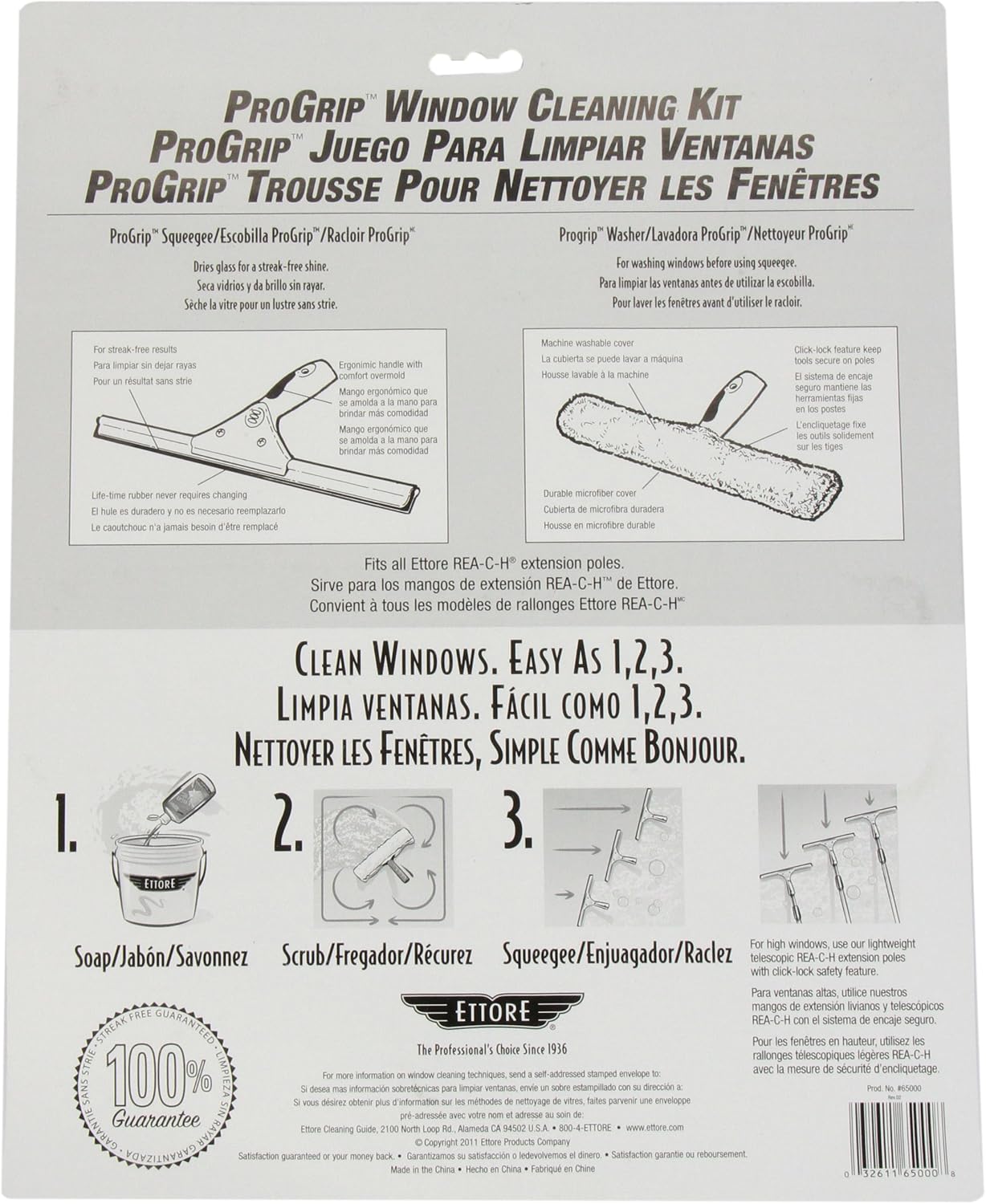 Back of Ettore 65000 ProGrip kit packaging with washer, squeegee and three-step use diagrams