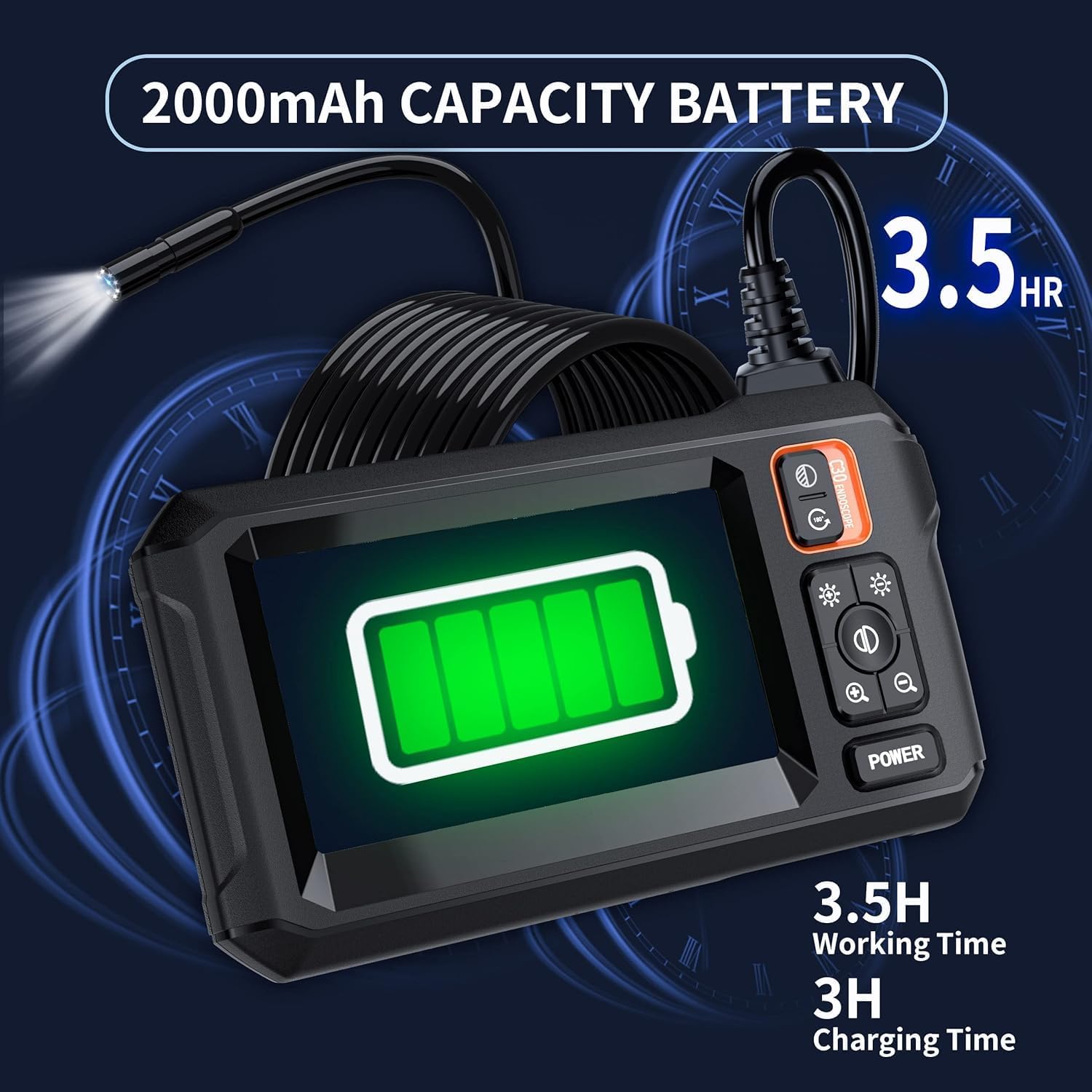 Manufacturer illustration of the black Daxiongmao C30 charging port and battery display