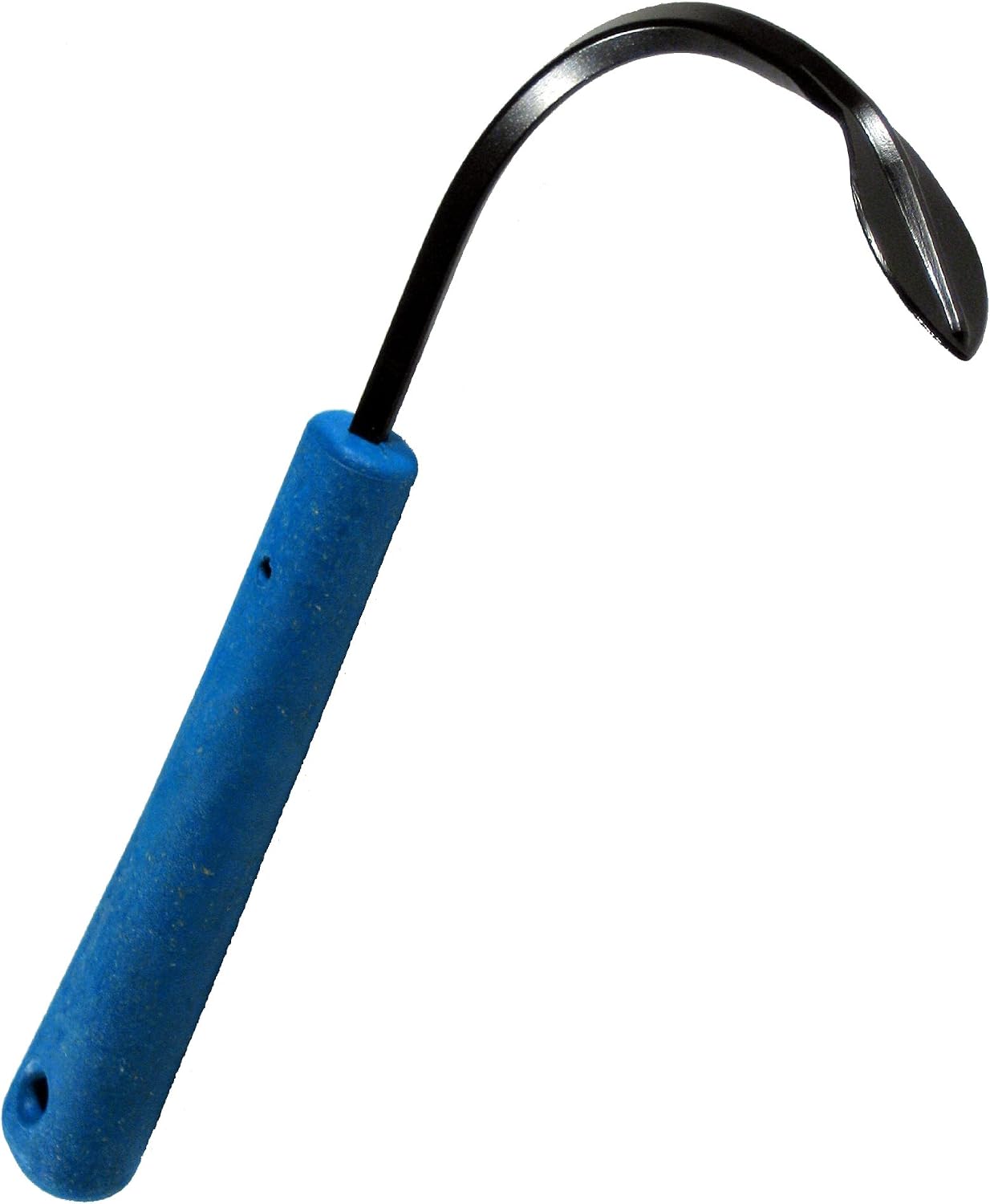 Blue-handled CobraHead Original hand weeder with a curved dark steel shaft and pointed blade on a white background.