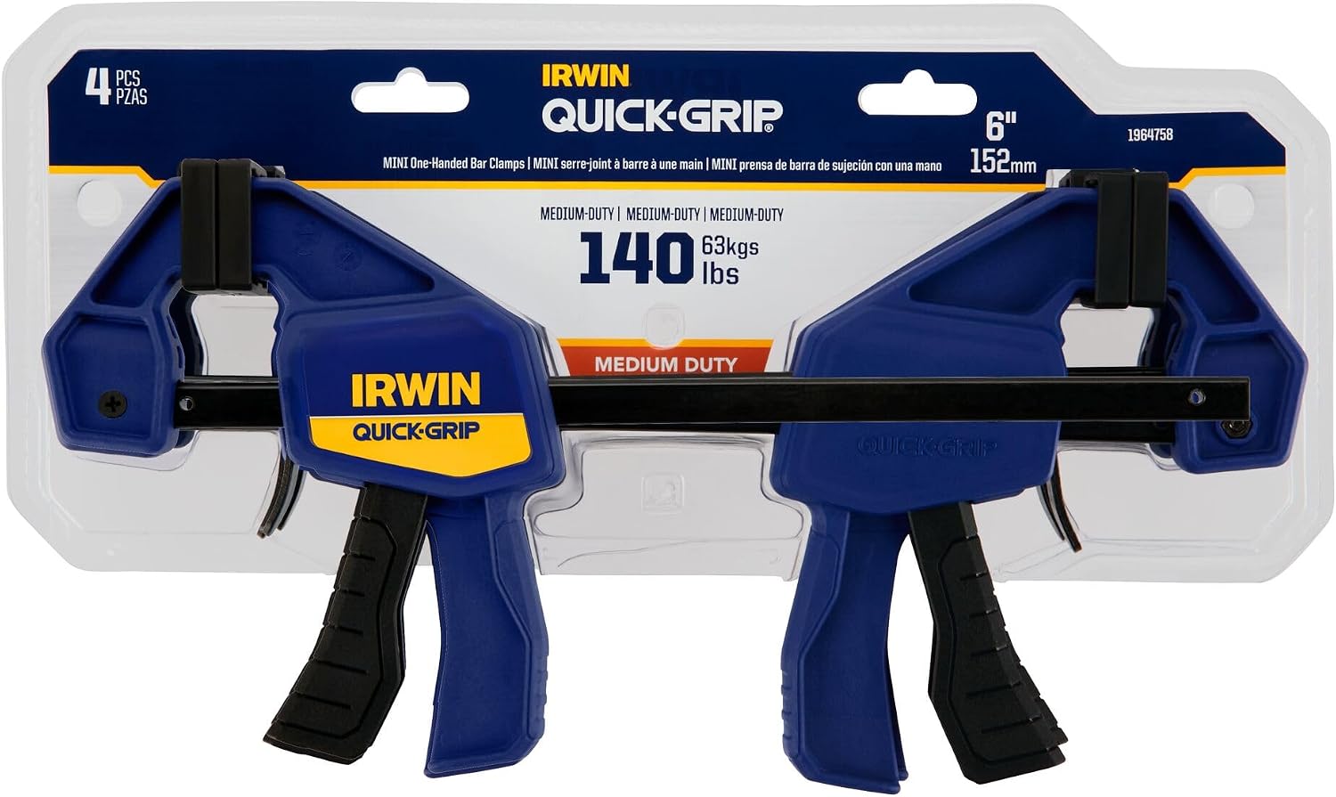 IRWIN 1964758 four-pack packaging labeled six inches and 140 pounds of clamping force