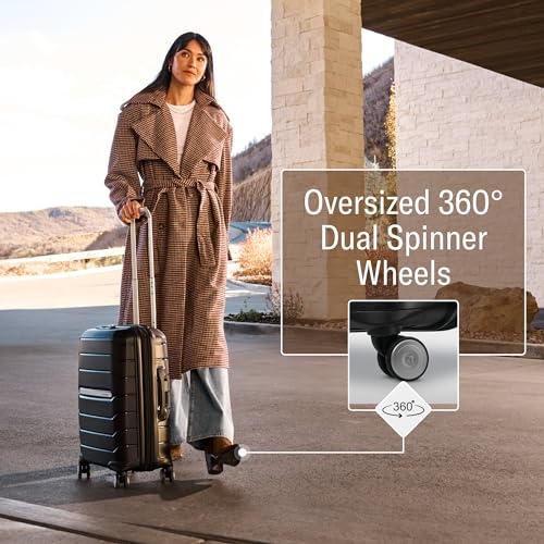 Black Samsonite Freeform Carry-On in use with close-up of its dual 360-degree spinner wheels