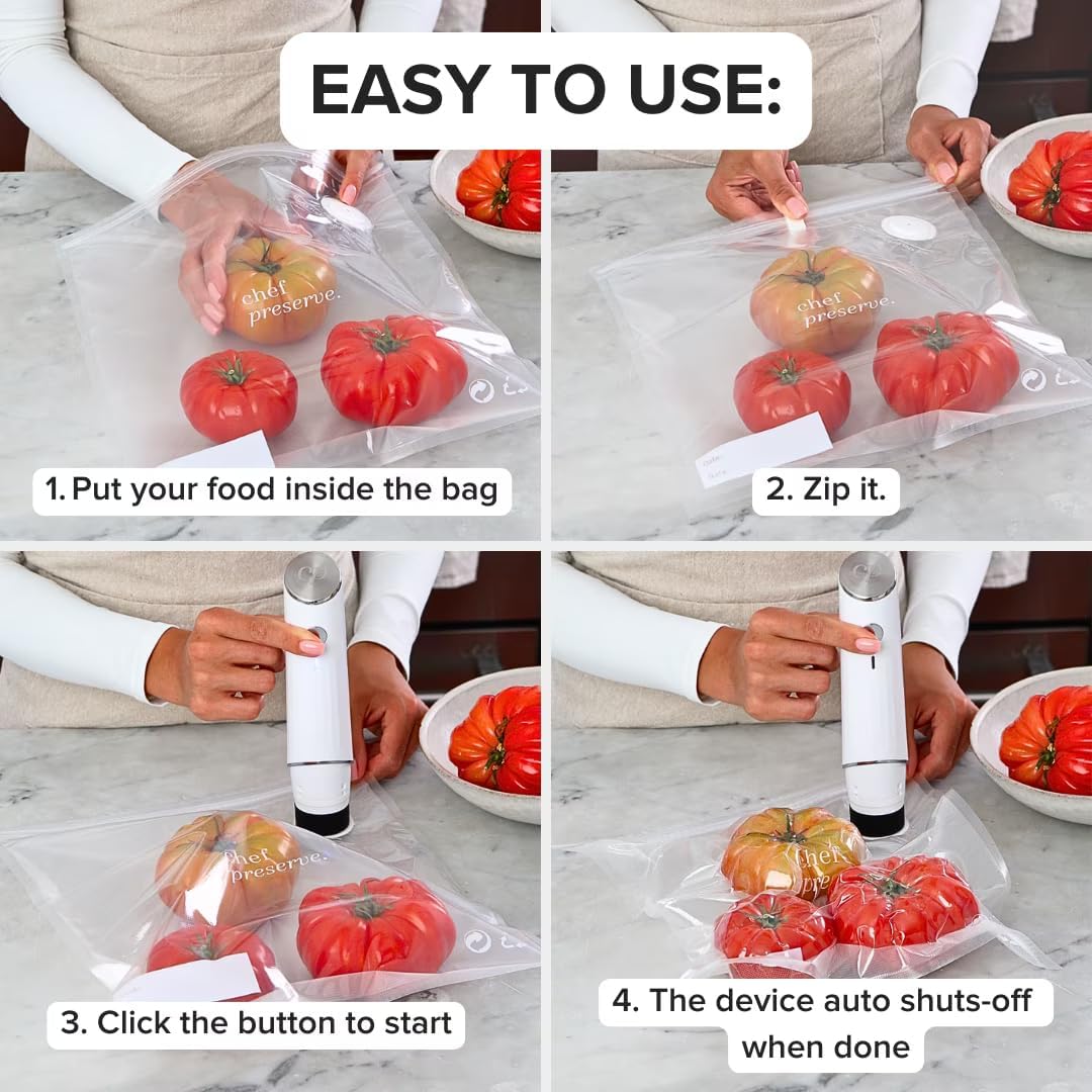 Four-step use sequence showing food placed in the bag, zipper closed, pump pressed over the valve, and automatic stop