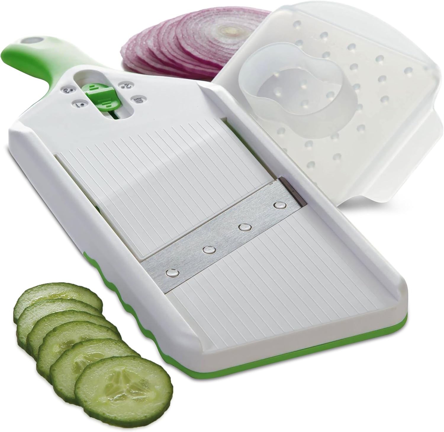 Green-and-white PrepSolutions HG-52 Adjust-A-Slice mandoline with its hand guard