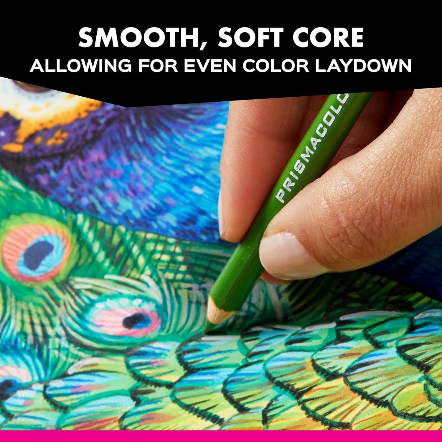 Supplier close-up of a green Prismacolor Premier pencil shading a detailed illustration