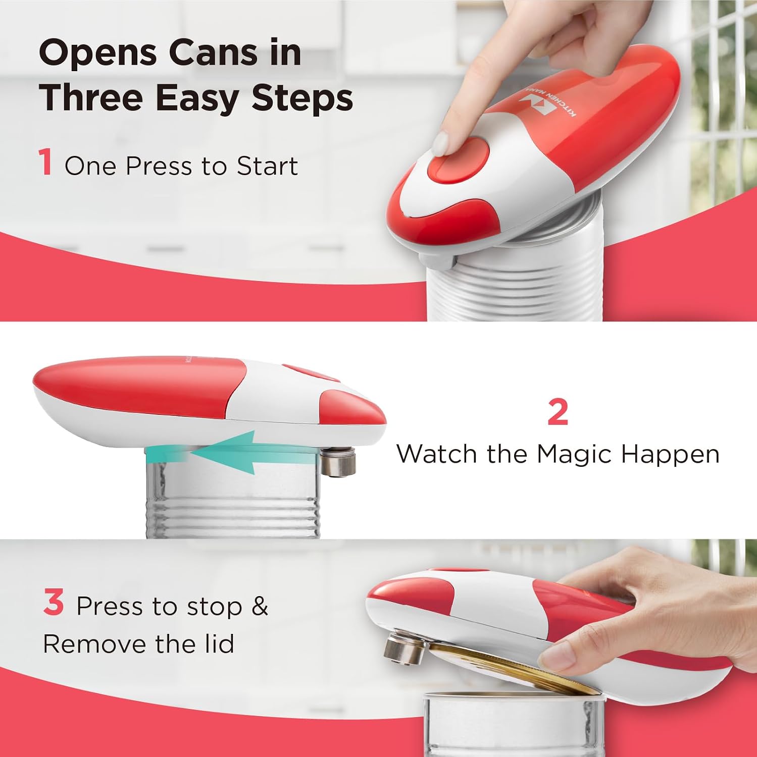Three illustrated stages of Kitchen Mama starting, cutting and stopping