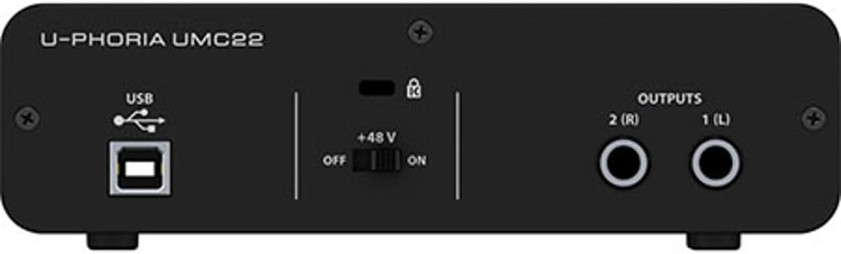 Rear of Behringer UMC22 with USB Type B, 48V switch and left-right quarter-inch output sockets