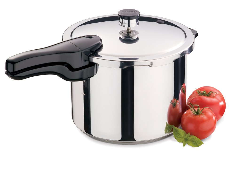 Open Presto 01362 stainless steel pressure cooker showing the interior and cooking rack