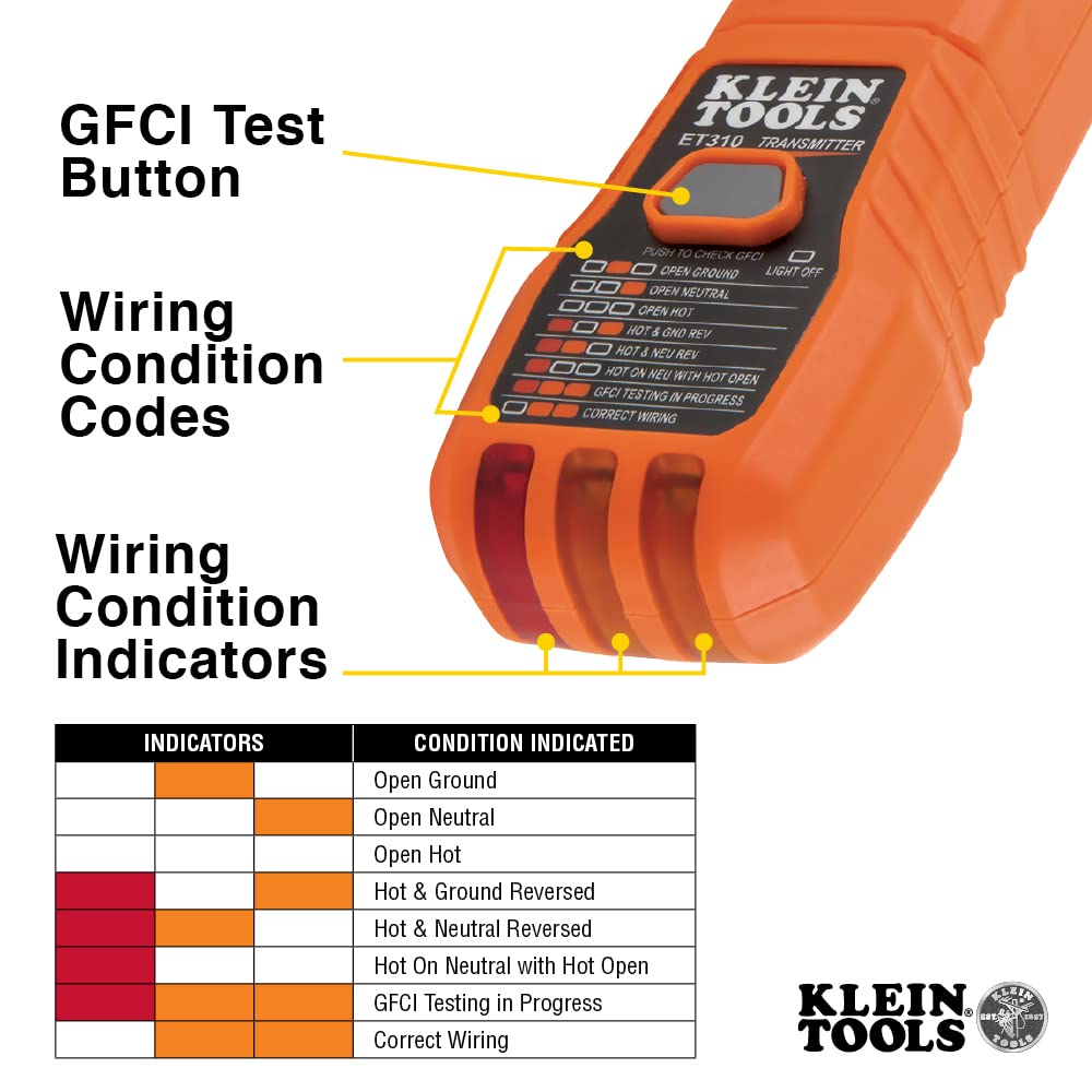 Klein ET310 transmitter detail showing its GFCI test button and outlet wiring indicators