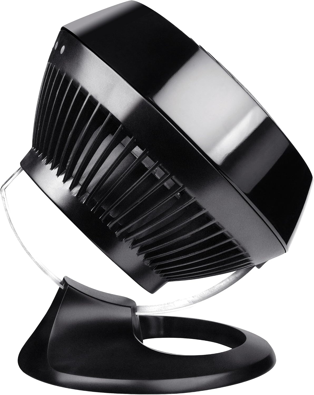 Black Vornado 660 air circulator side view with chrome glide bar