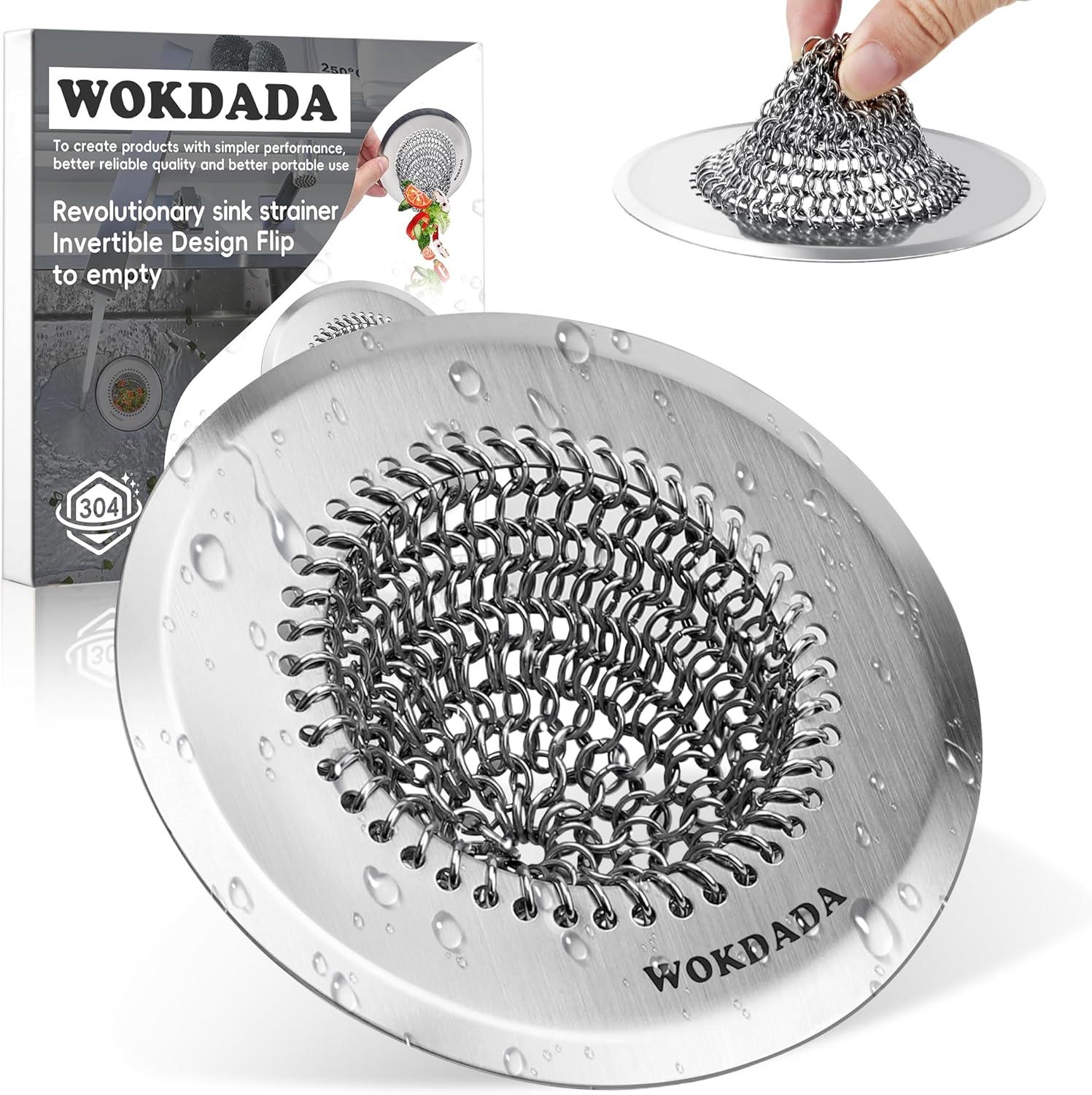 Silver wokdada LW001 sink strainer with a reversible linked-metal center pocket