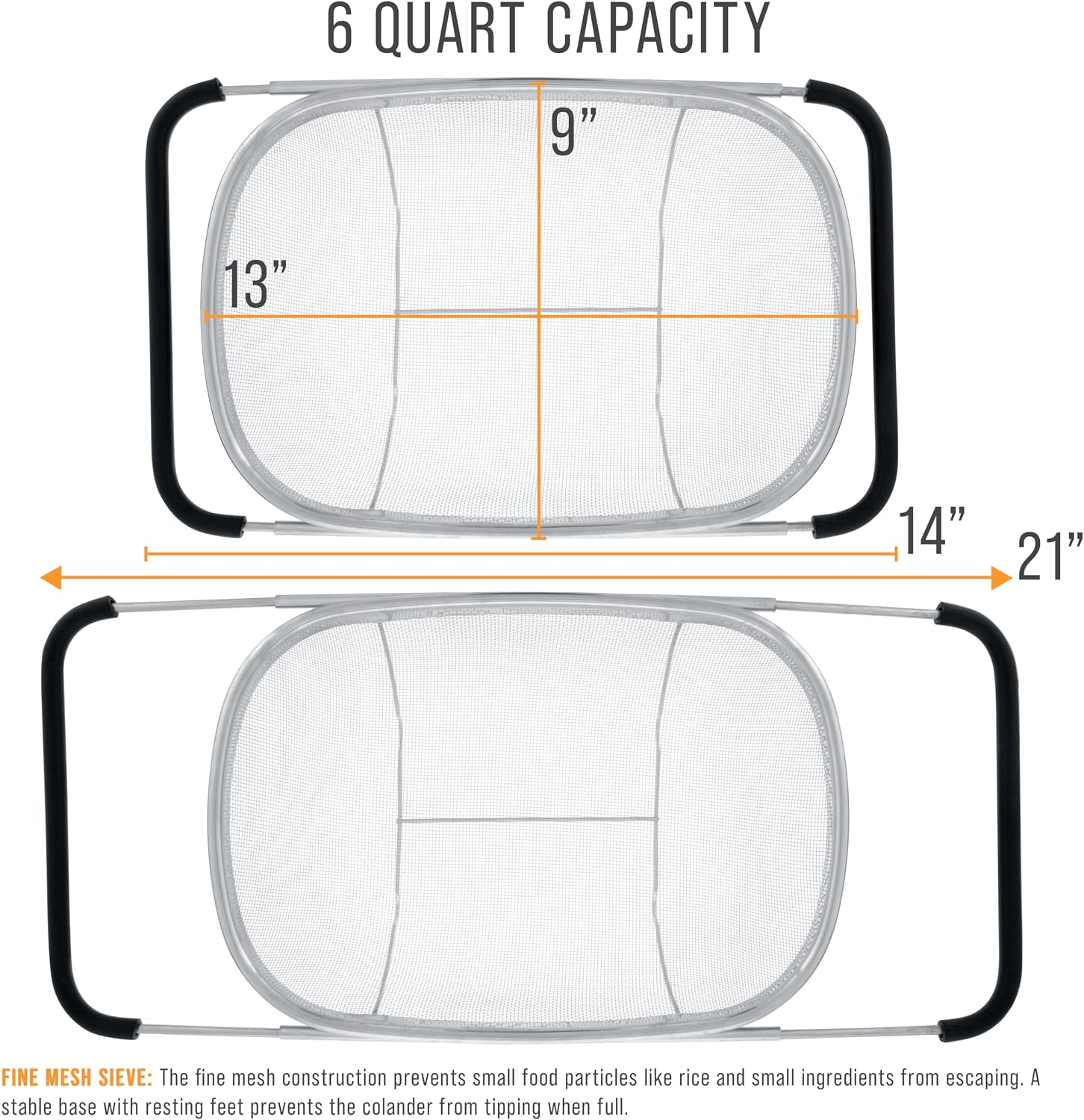 Top views show the colander handles retracted and extended with dimensions