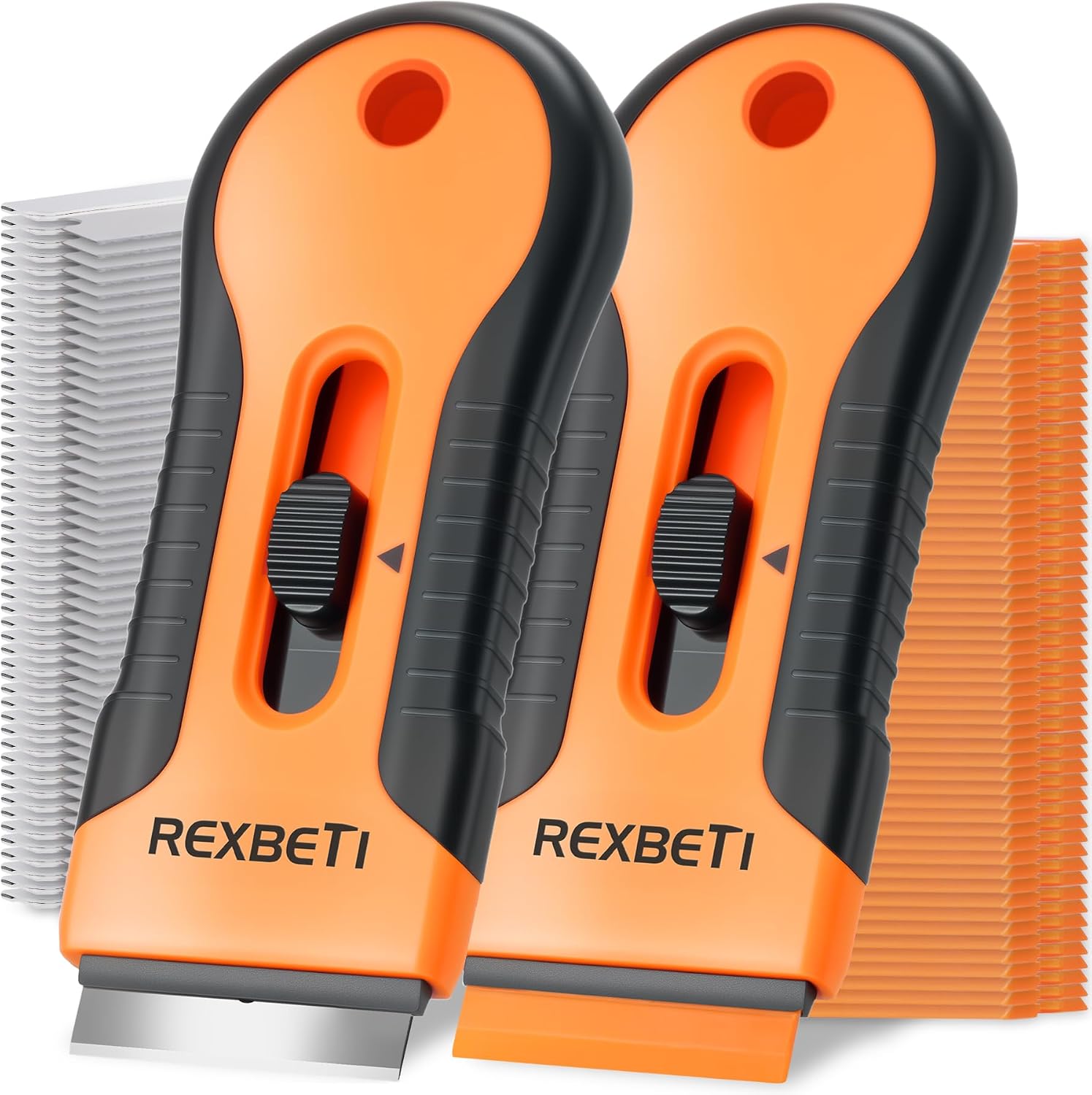 Two orange REXBETI scrapers with metal and plastic replacement blades