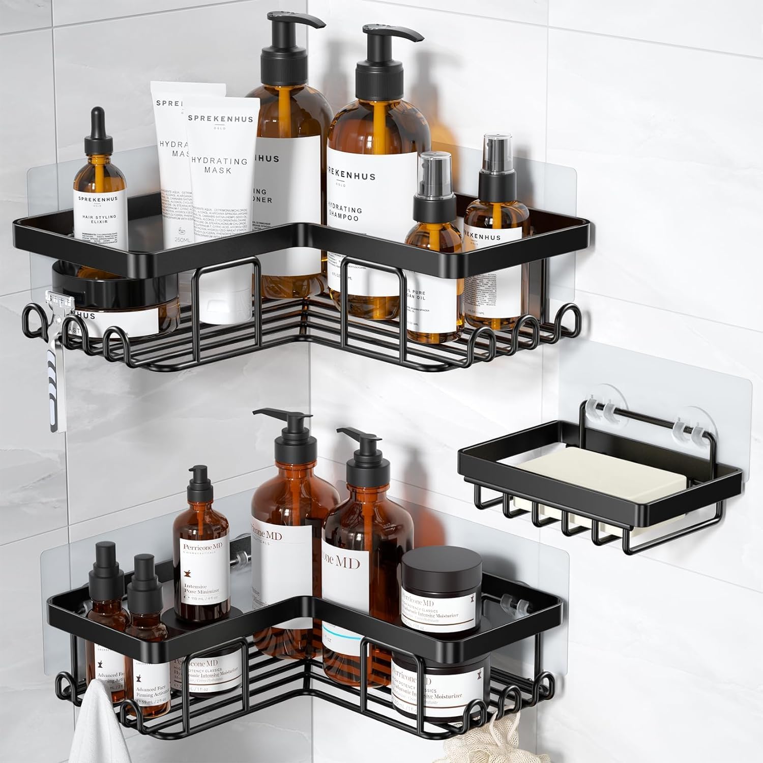 Two black YASONIC L-shaped corner shower caddies and a separate soap holder mounted on smooth tile