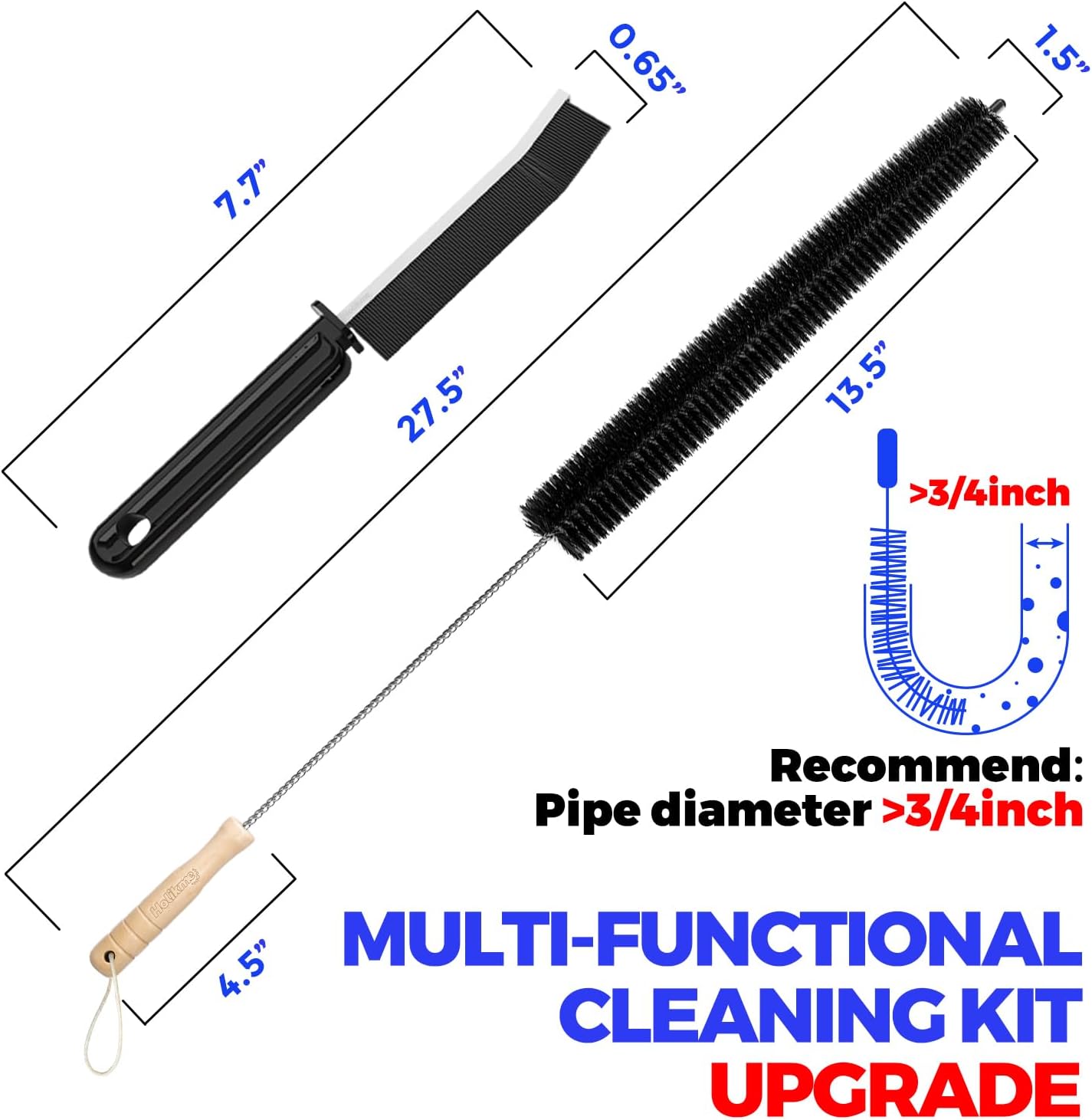 Holikme long brush and smaller cleaning brush with supplier dimension labels