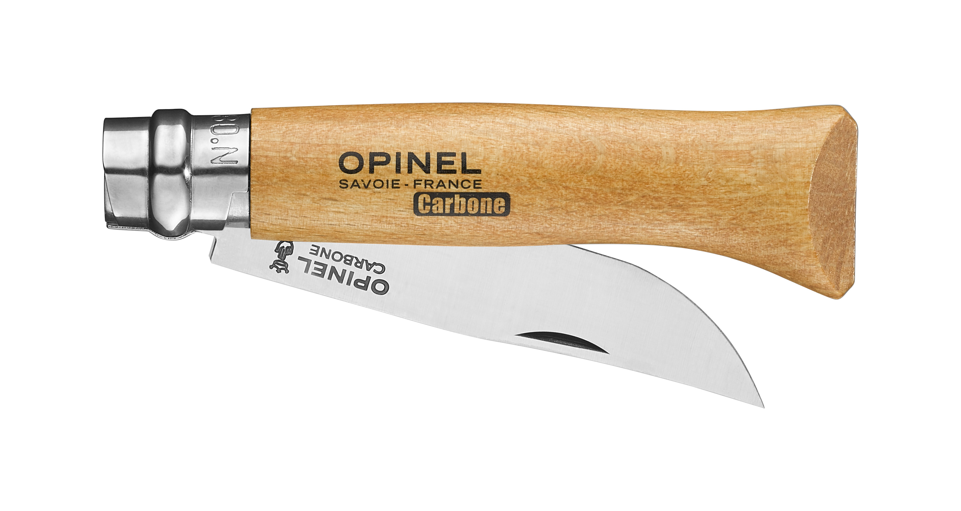 A single Opinel No.08 Carbon knife partly open, showing its beechwood handle and Virobloc collar.