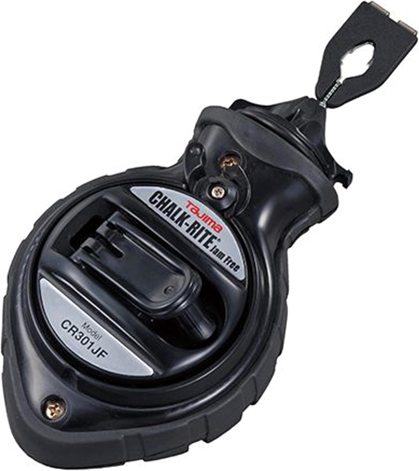 Black Tajima CR301JF Chalk-Rite Jam Free chalk line with a folded winding handle and metal hook