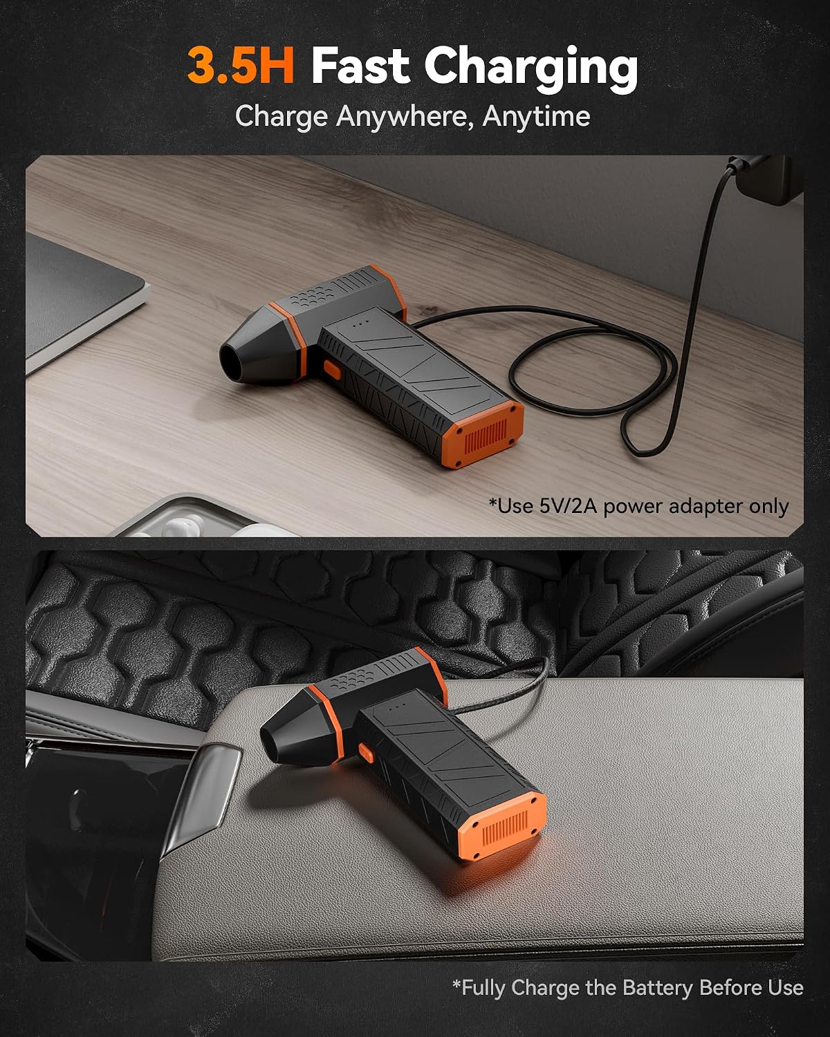 WOLFBOX MF 50 connected to a charging cable in the maker’s desk and vehicle illustrations