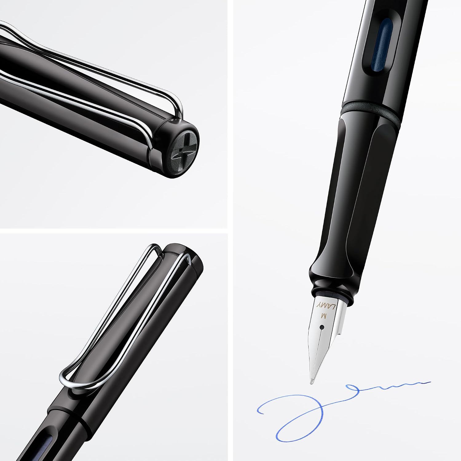 Supplier detail panel showing black safari cap clip, M steel nib, shaped grip and an illustrative blue ink stroke