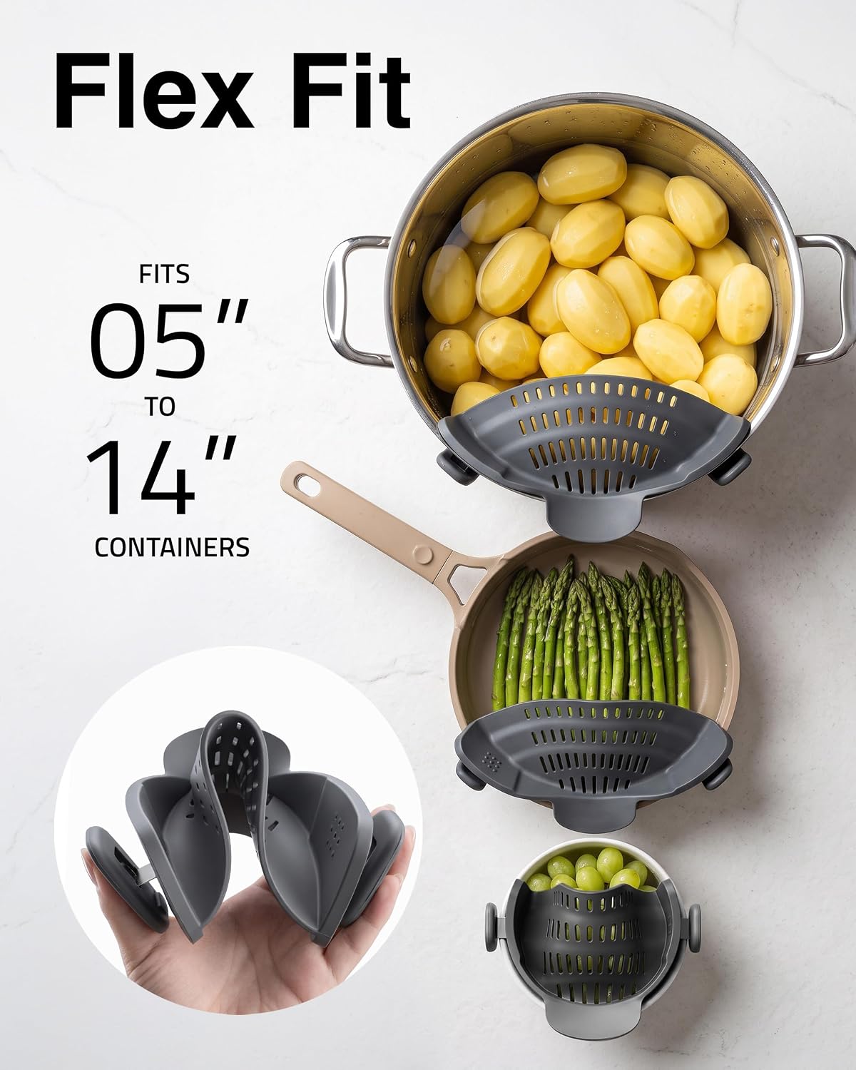 Gray Kitchen Gizmo Snap N Strain shown flexed by hand and clipped across several cookware sizes