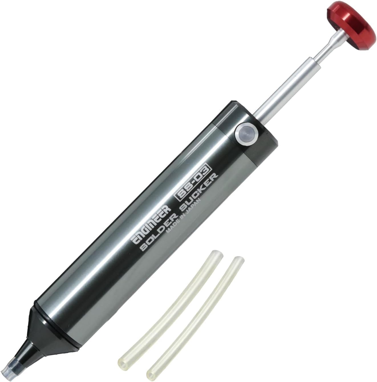 ENGINEER SS-03 solder sucker with a red plunger knob and two spare silicone tubes