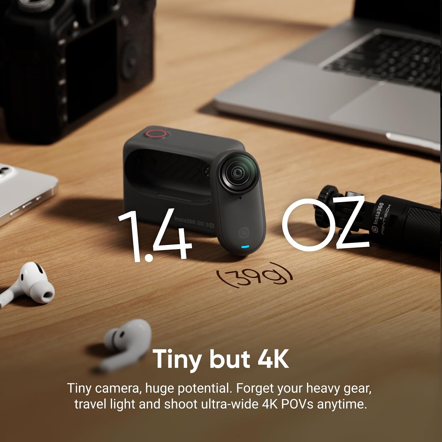 Current Amazon gallery detail of the black Insta360 GO 3S and Action Pod