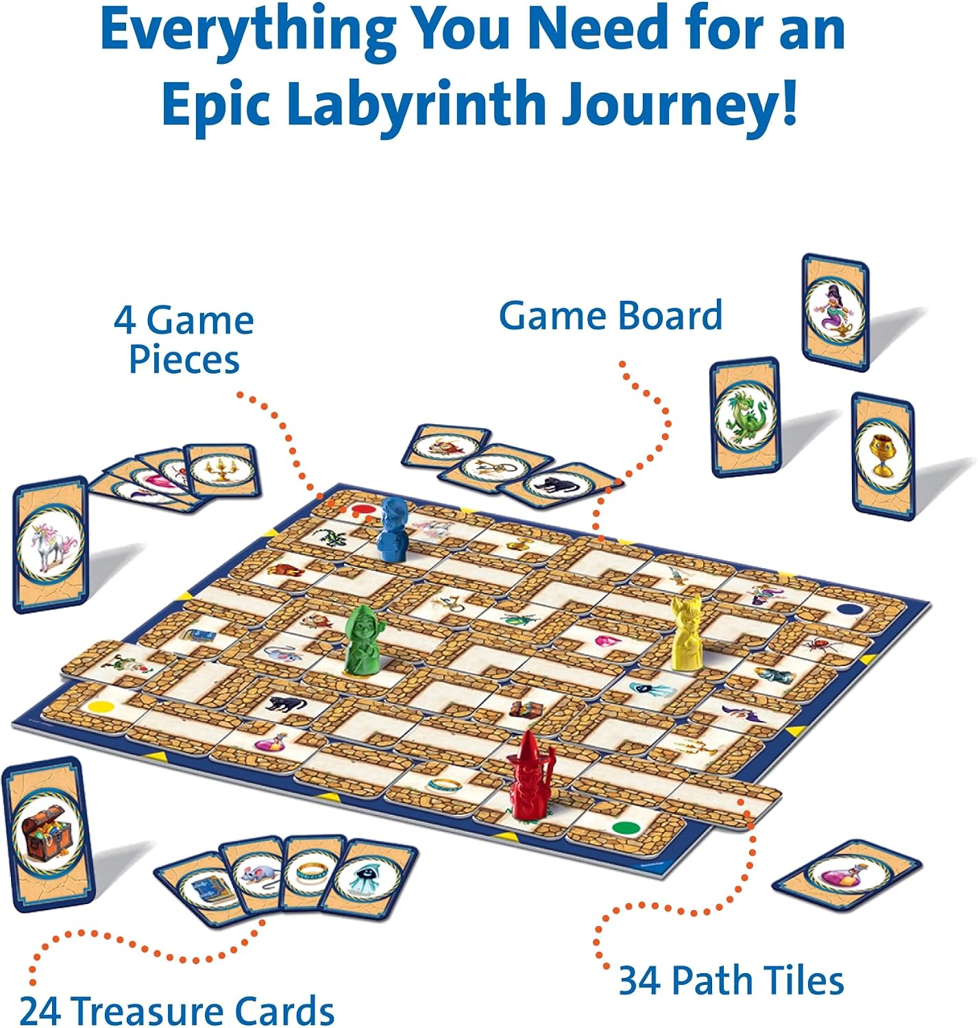 Labyrinth board, spare path tile, four colored playing pieces and illustrated treasure cards