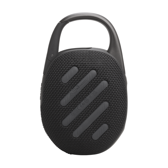 Back view of black JBL Clip 5 JBLCLIP5BLKAM showing integrated carabiner and rear grip strips