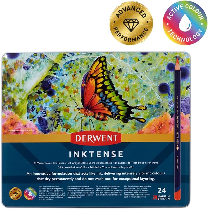 Derwent Inktense 24-pencil tin with butterfly package artwork and one pictured pencil