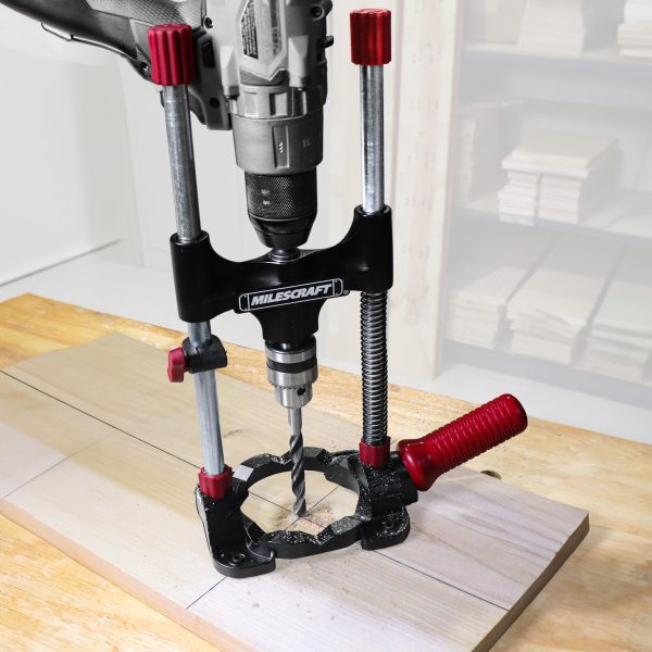 Exact Milescraft 1318 DrillMate base and angle indicators between its dual guide bars