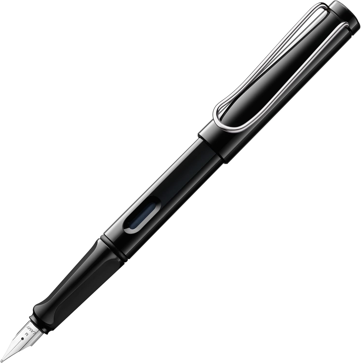 Black LAMY safari fountain pen with M-marked steel nib, shaped grip, ink window and silver clip