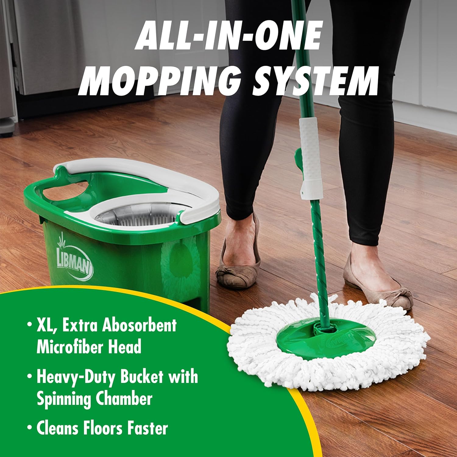 Libman microfiber mop head seated inside the green spin chamber of the Tornado bucket.