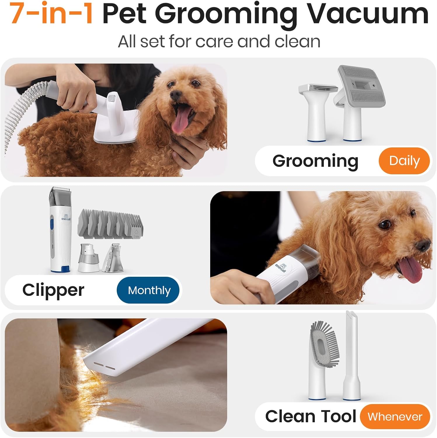 oneisall LM2 7-in-1 grooming vacuum showing brushing, clipping and cleanup attachments in use