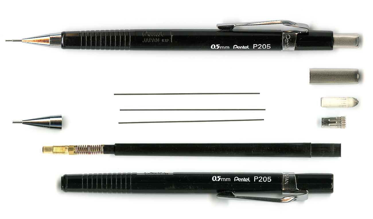 Historical 2006 photograph of a black Pentel P205 0.5 mm pencil assembled and disassembled.