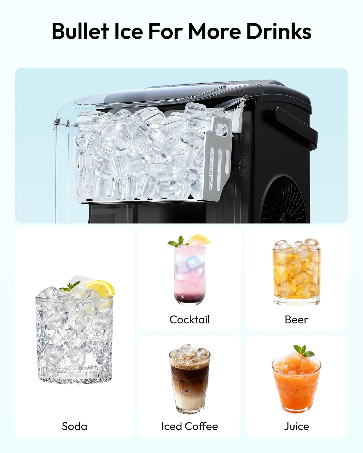 Matching black ice maker basket and hollow bullet ice shown with drinks