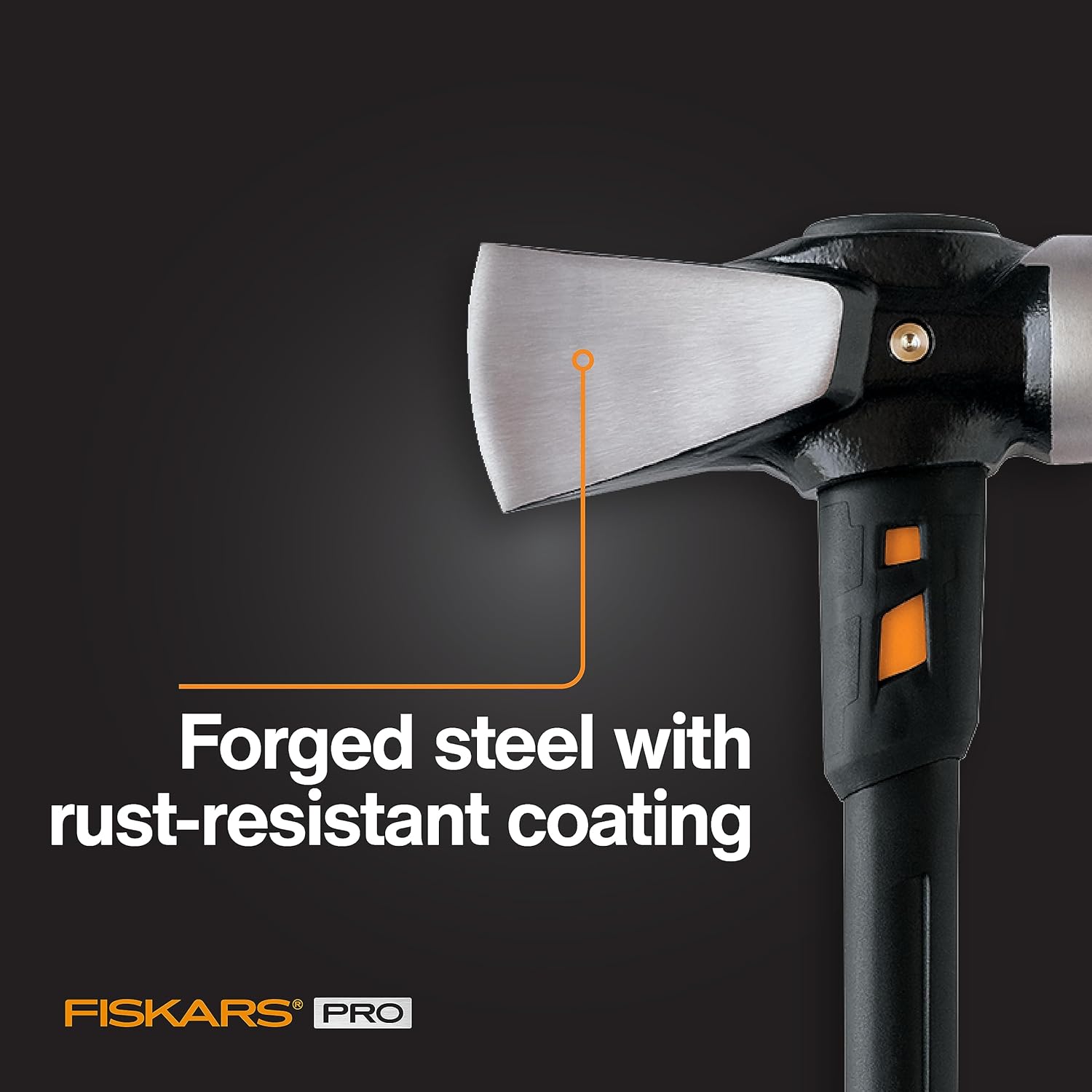 Close view of the forged-steel splitting blade and reinforced neck on the Fiskars Pro IsoCore maul