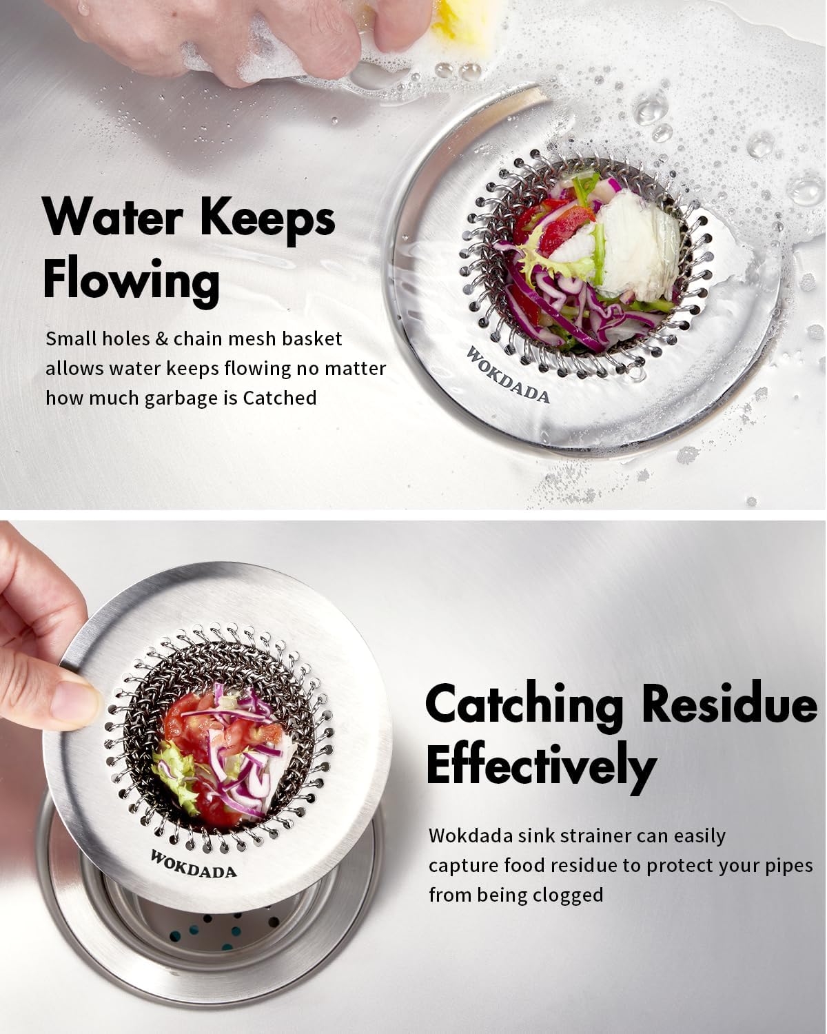 wokdada chain-mesh sink strainer holding food scraps while water passes around the basket